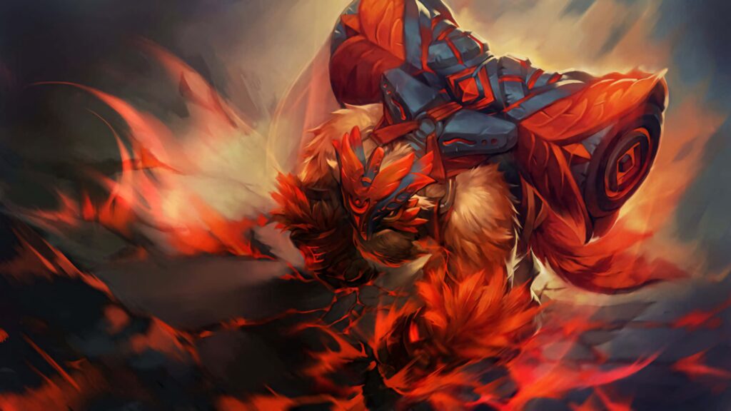 Earthshaker unleashing fierce power with vibrant orange red energy in dynamic stylized wallpaper