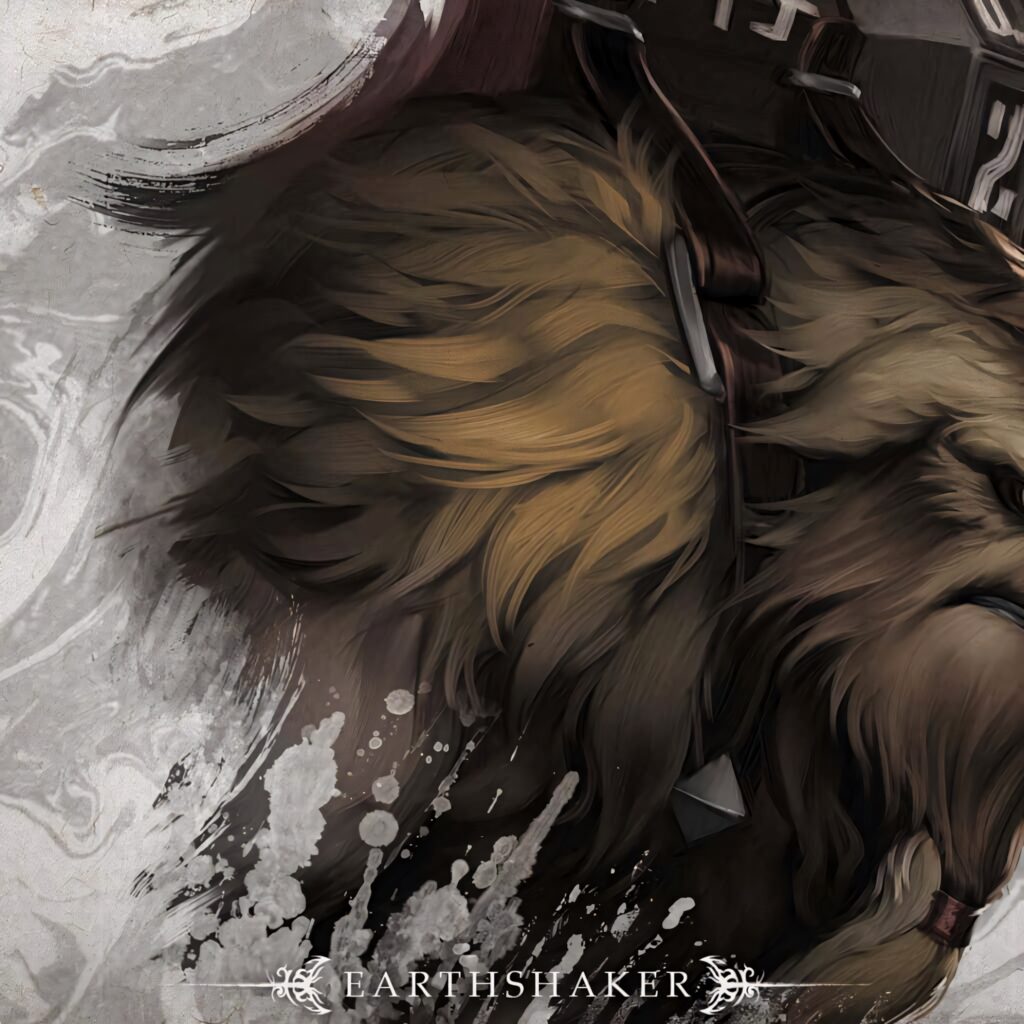 Earthshaker mythical earth manipulator unleashing seismic force with swirling dust and armor details Wallpaper