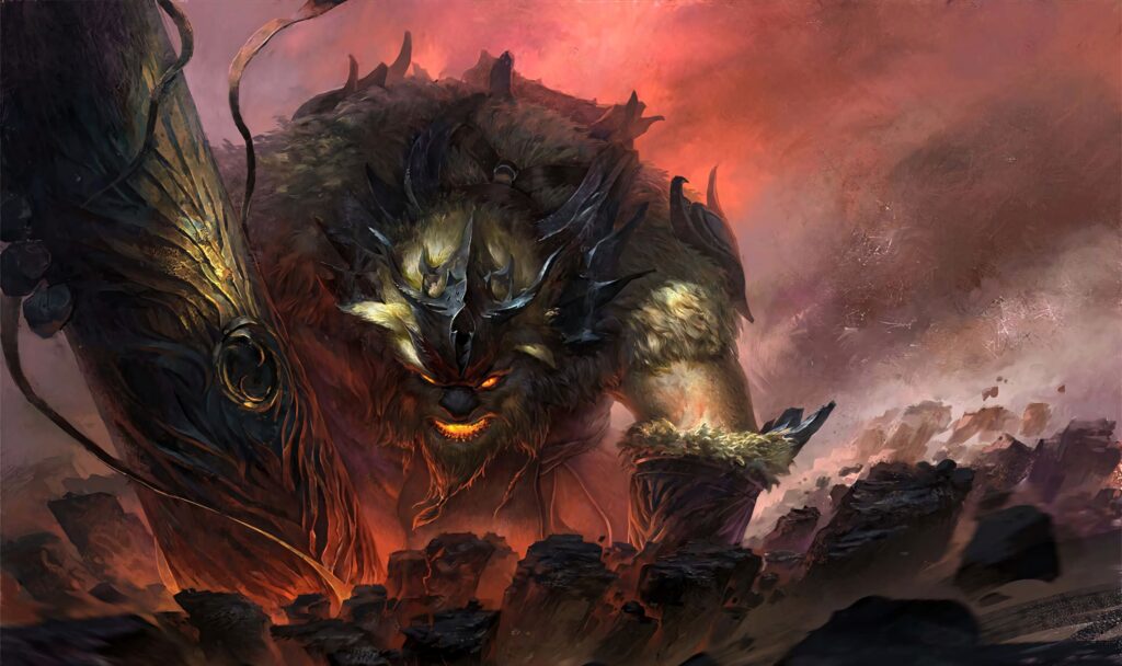 Earthshaker unleashing Fissure on fiery battlefield dynamic artwork intense epic wallpaper background
