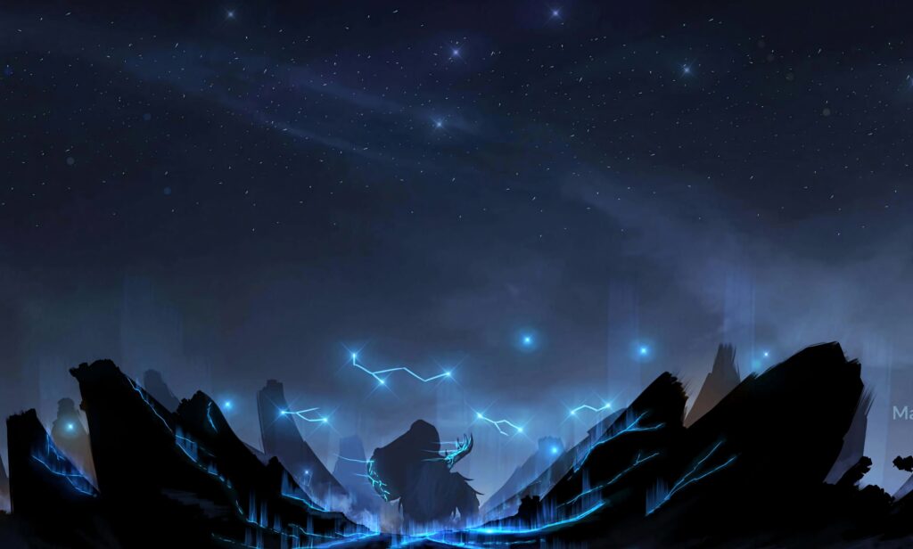 Earthshaker hero on battlefield with shattered rocks glowing blue energy under night sky wallpaper