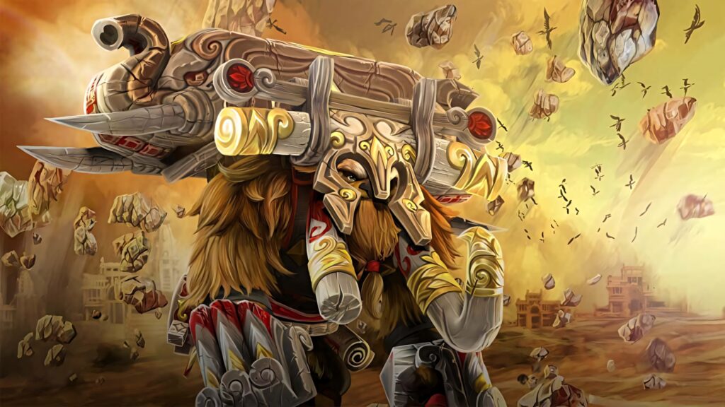 Earthshaker from Dota 2 unleashing seismic power with flying rocks in golden earthy tones wallpaper