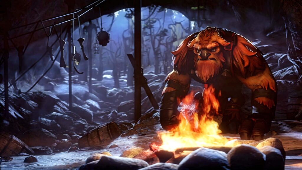 Mighty Earthshaker creature by glowing campfire in rugged cave with vibrant fantasy flames background Wallpaper
