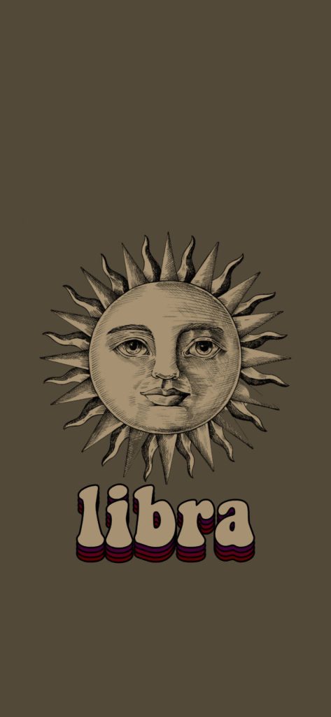 Earthy brown boho Libra wallpaper with vintage celestial sun and retro Libra typography