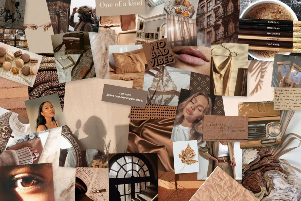 Earthy elegance collage wallpaper with warm beige brown tones cozy interiors vintage fashion coffee