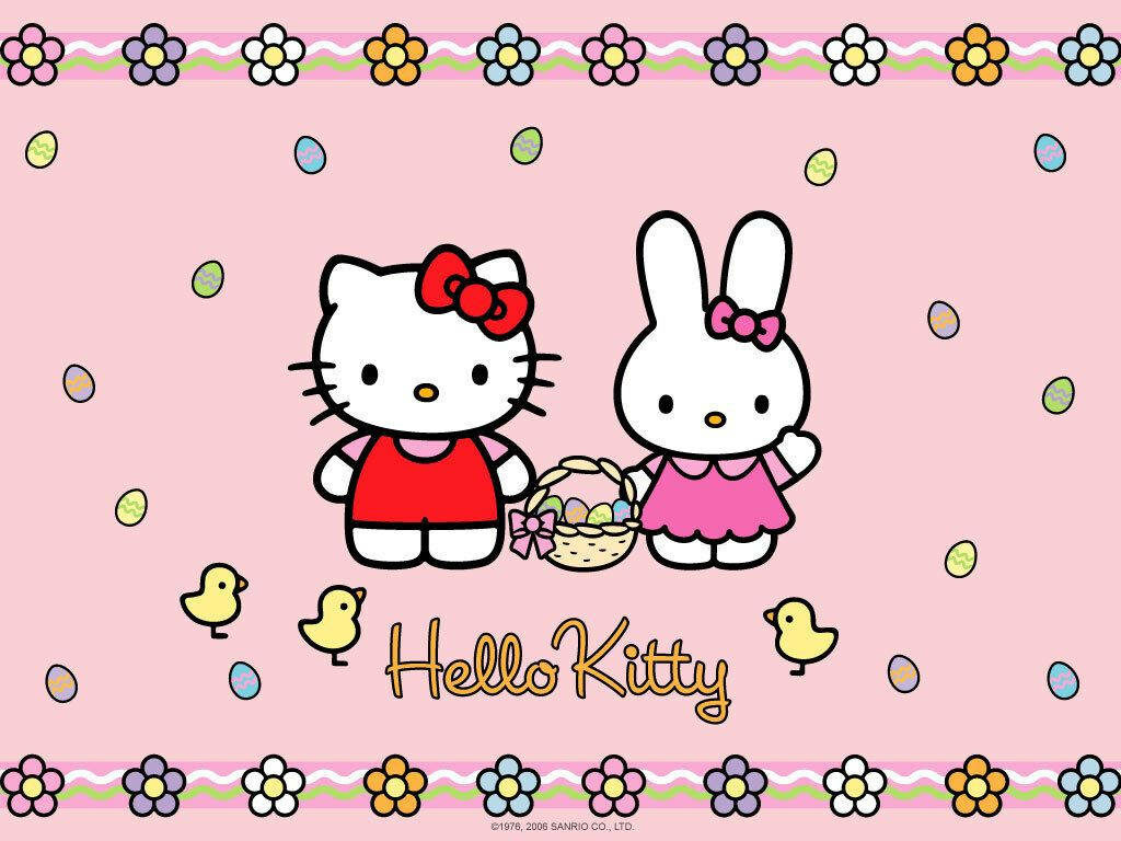 Easter Delights: Hello Kitty Frolics Amid a Rainbow of Colorful Eggs in a Serene Meadow Wallpaper