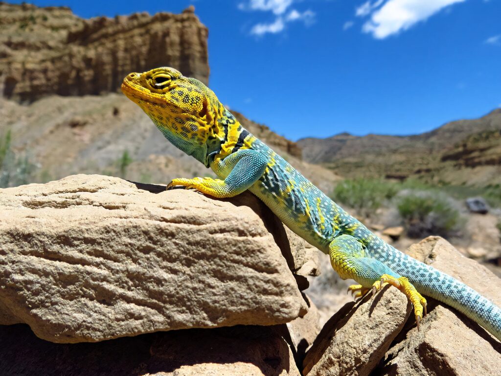 Eastern Collared Lizard sunning on rocks with vivid blue green yellow scales in desert landscape Wallpaper