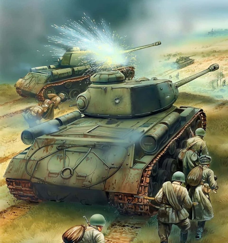 Soviet IS-2 tanks advancing with Red Army infantry in a dusty WW2 Eastern Front battle scene wallpaper