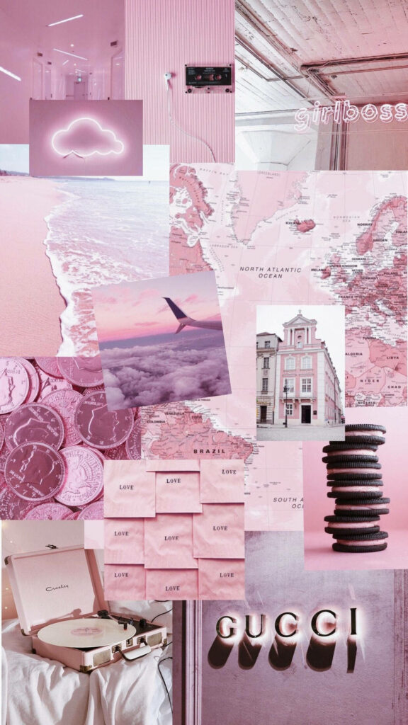 Glamorous Pink Y2K Collage with Gucci Signage Accent on Lower Right Wallpaper