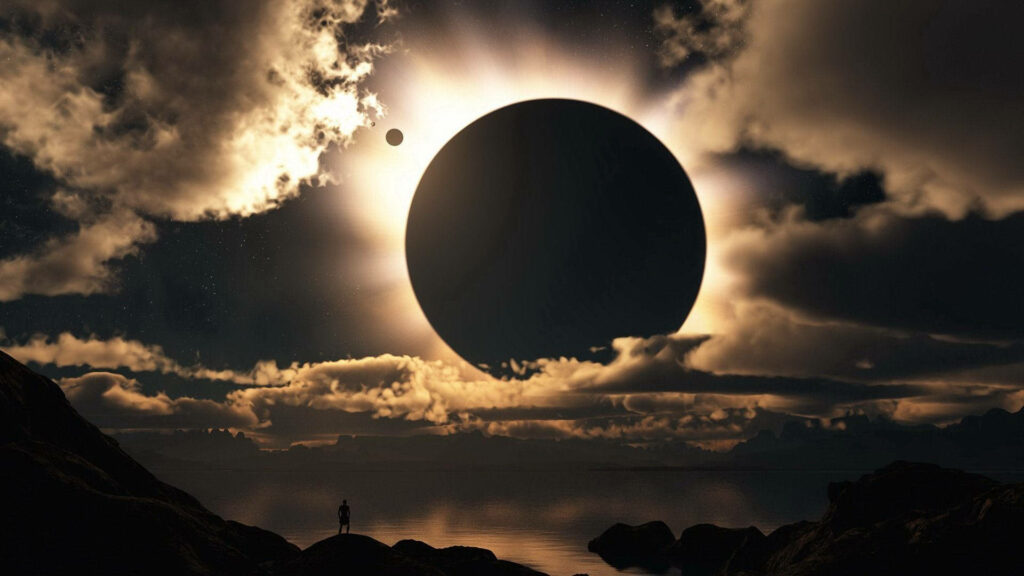 Majestic Solar Eclipse Enveloped by Dramatic Dark Clouds - Stunning HD Computer Background Wallpaper