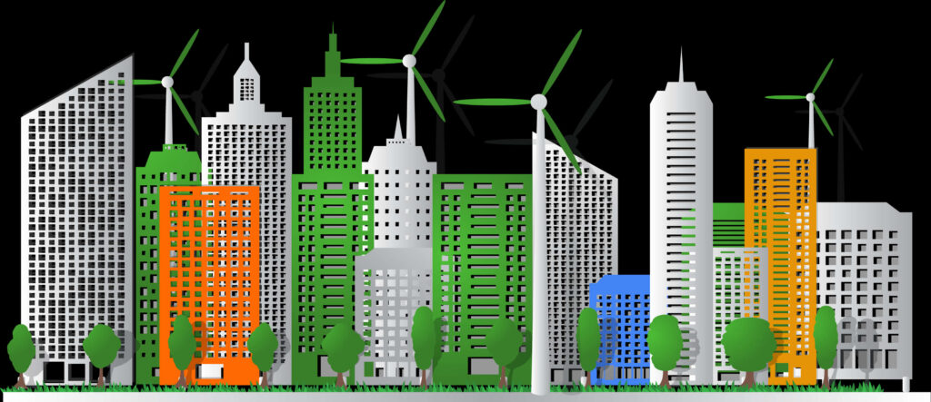 Eco-Friendly Urban Skyline Wallpaper: Modern Architecture & Greenery