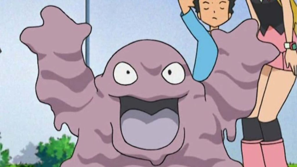 Ecstatic purple Grimer Pokémon in classic anime style vibrant wallpaper background design