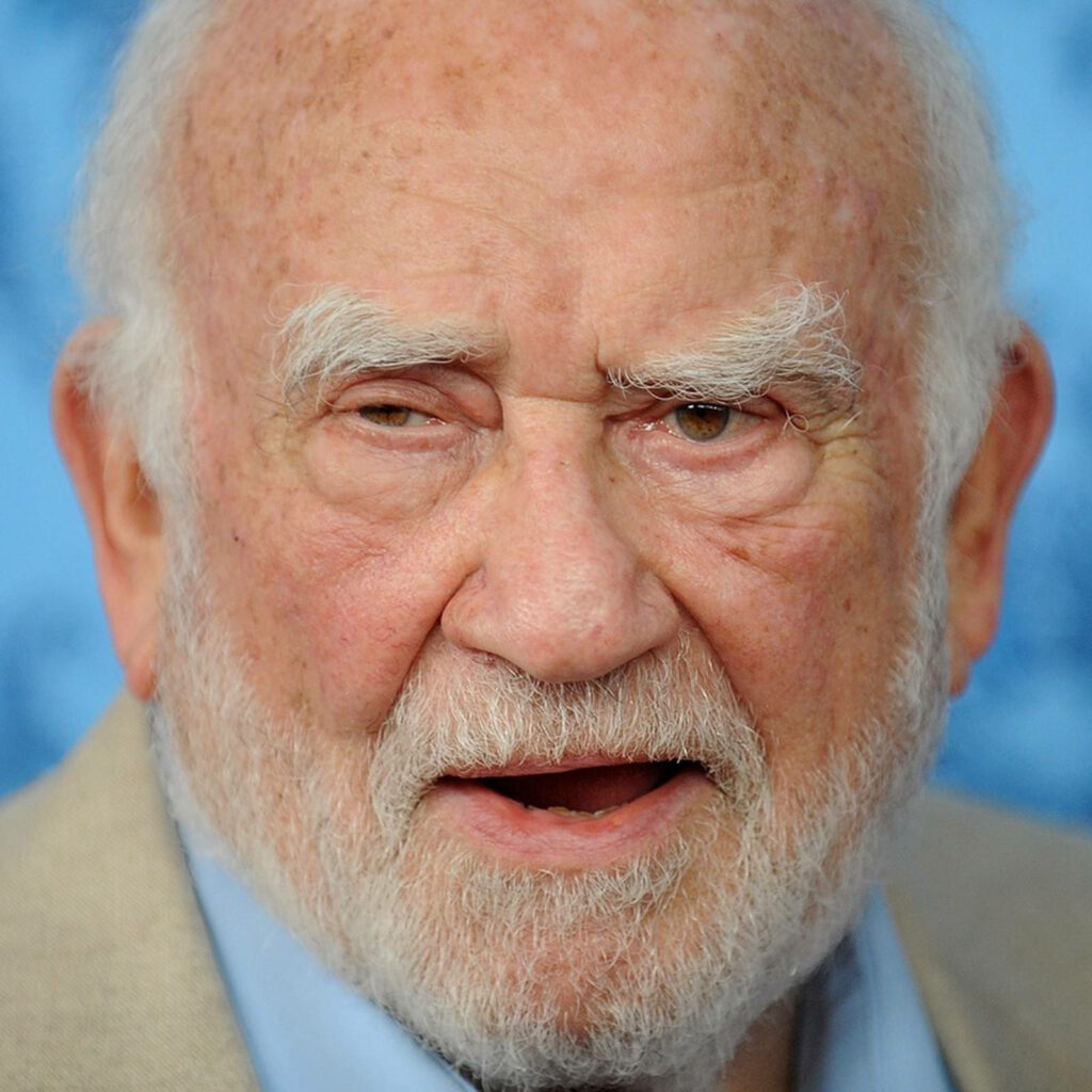 Close-up portrait of Ed Asner with gray beard and eyebrows on soft blue blurred background wallpaper