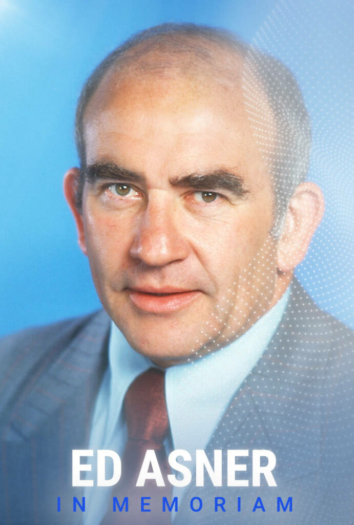 Ed Asner portrait wallpaper blue background digital textures In Memoriam tribute to actor