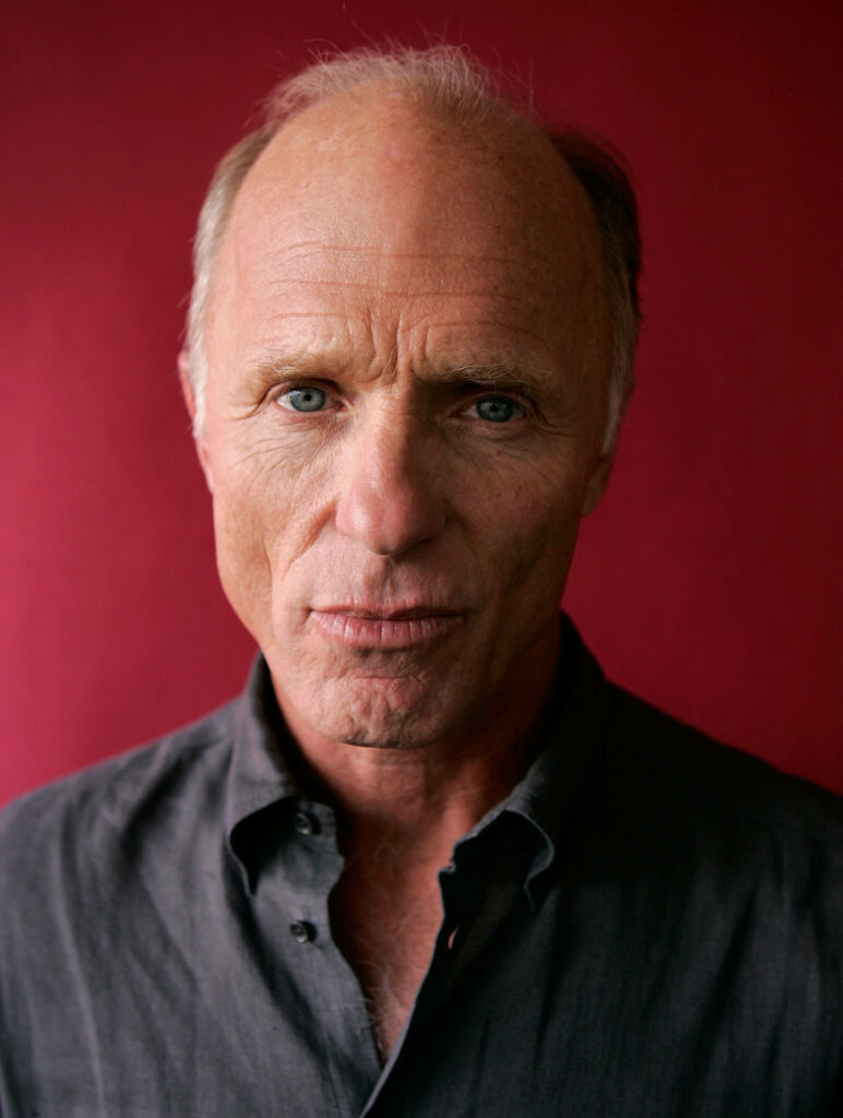 Ed Harris portrait with intense blue eyes grey shirt deep red background soft natural lighting Wallpaper