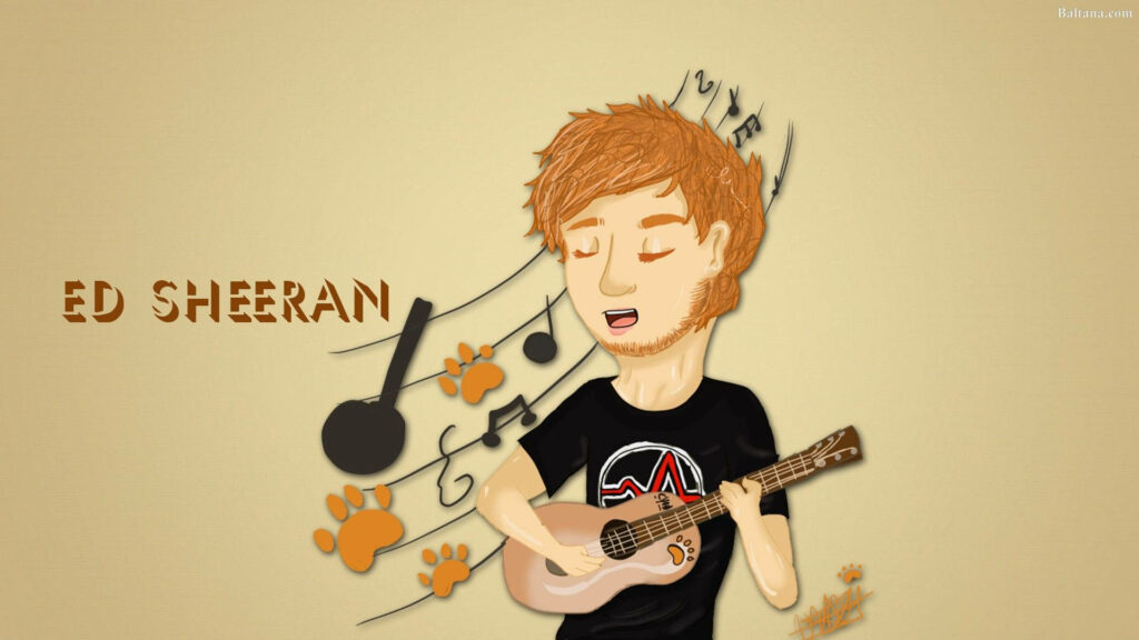 Ed Sheeran Cartoon Wallpaper: Guitar, Music Notes & Paw Prints