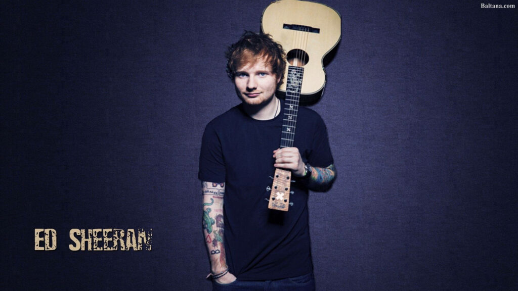 Ed Sheeran Wallpaper: Musician with Guitar & Tattoos in Minimalist Style