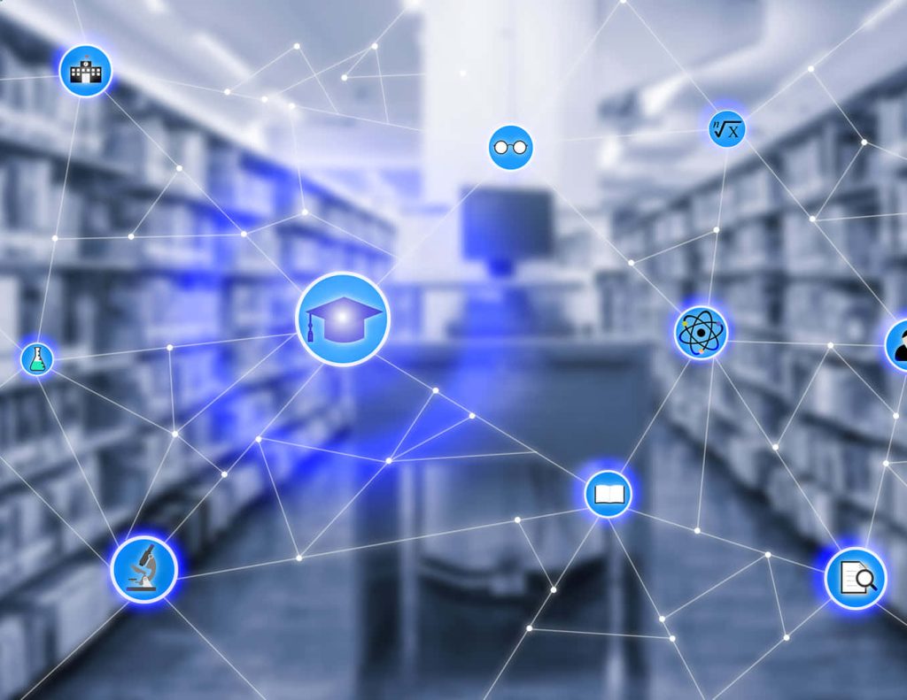EdTech smart wallpaper with glowing educational icons over blurred library background for learning