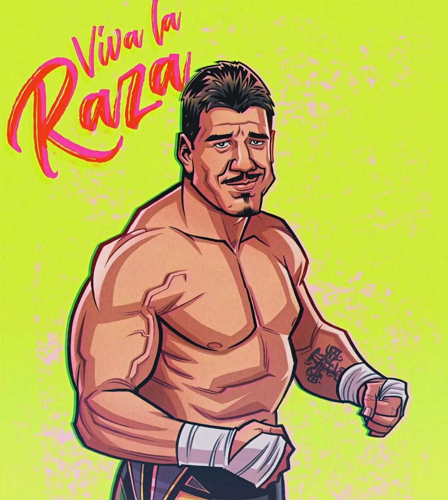 Eddie Guerrero cartoon fanart vibrant wallpaper with Viva La Raza neon yellow wrestling background