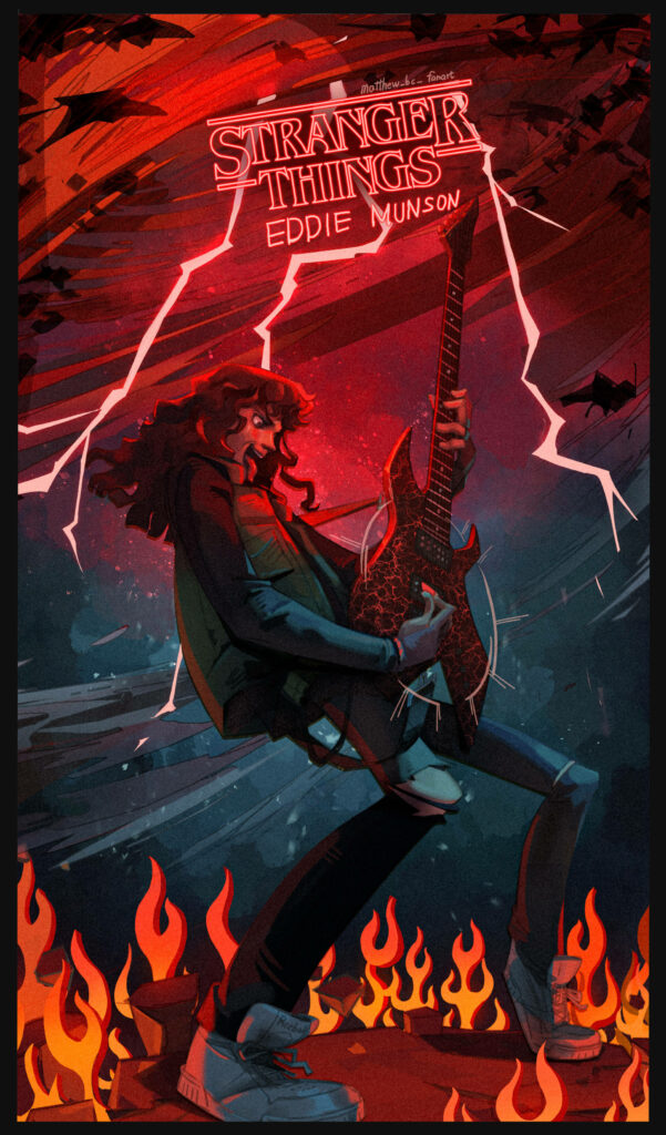 Eddie Munson shredding guitar with fire lightning dynamic Stranger Things wallpaper background