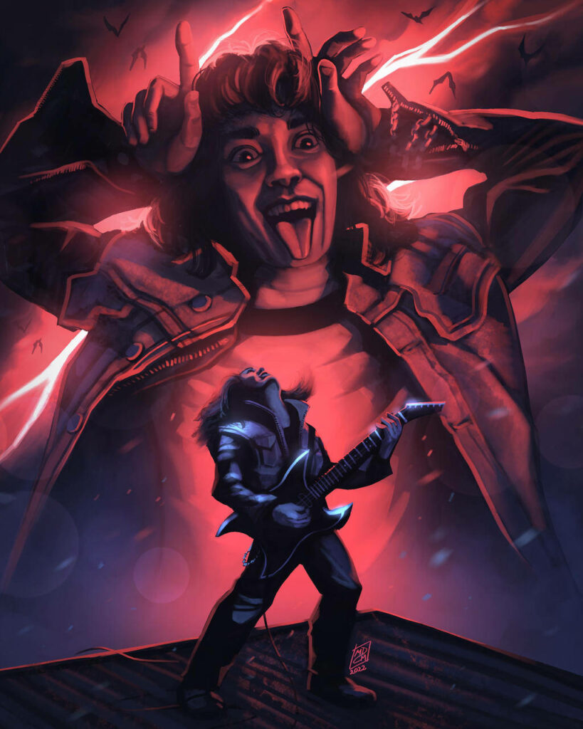 Eddie Munson playing electric guitar with devil horns pose red purple lighting wallpaper background