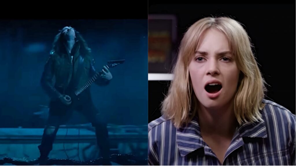Eddie Munson rocking electric guitar dark scene with Maya Hawke surprised bright split-image wallpaper