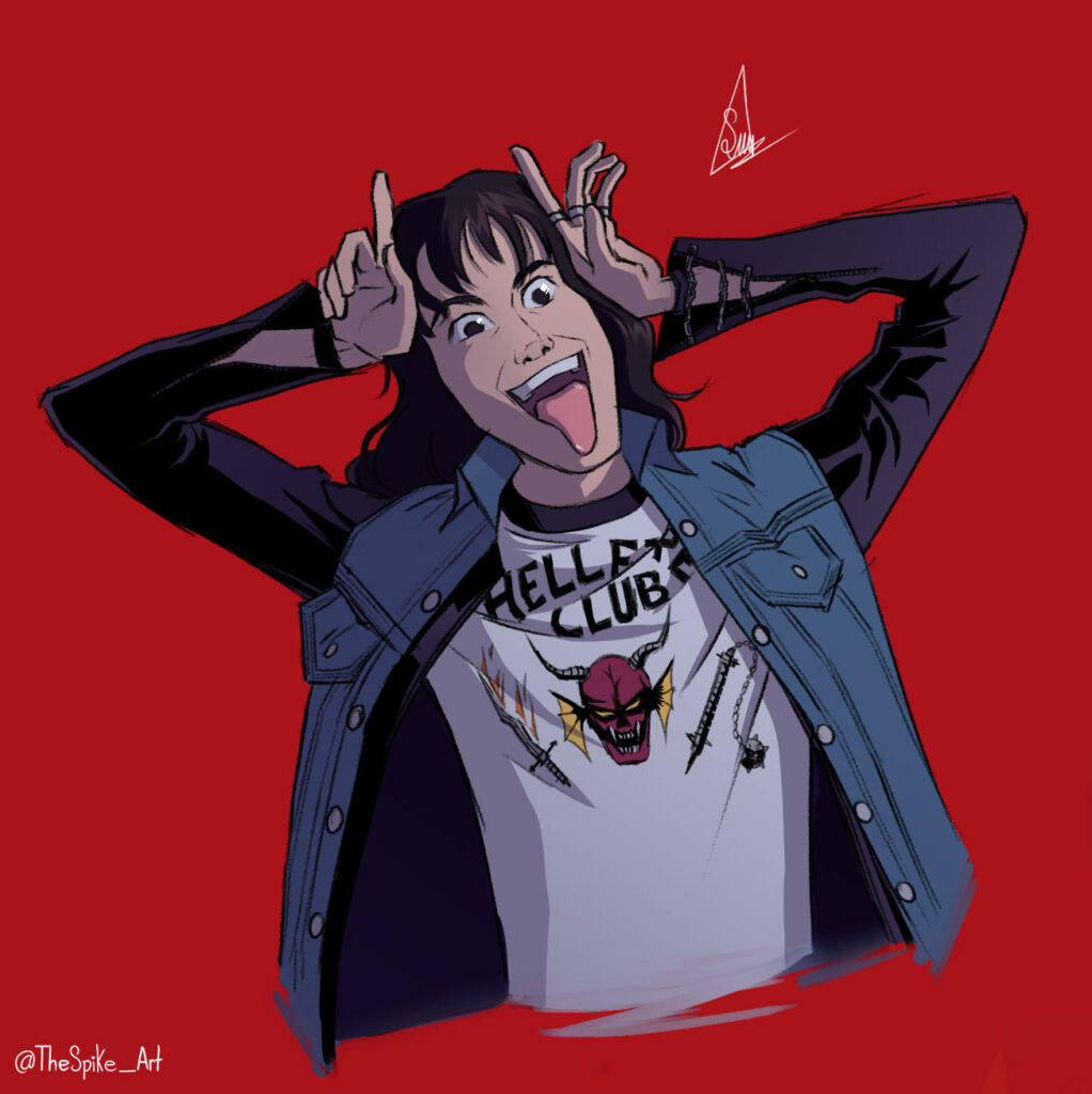 Eddie Munson Stranger Things wallpaper playful pose tongue out Hellfire Club shirt red background