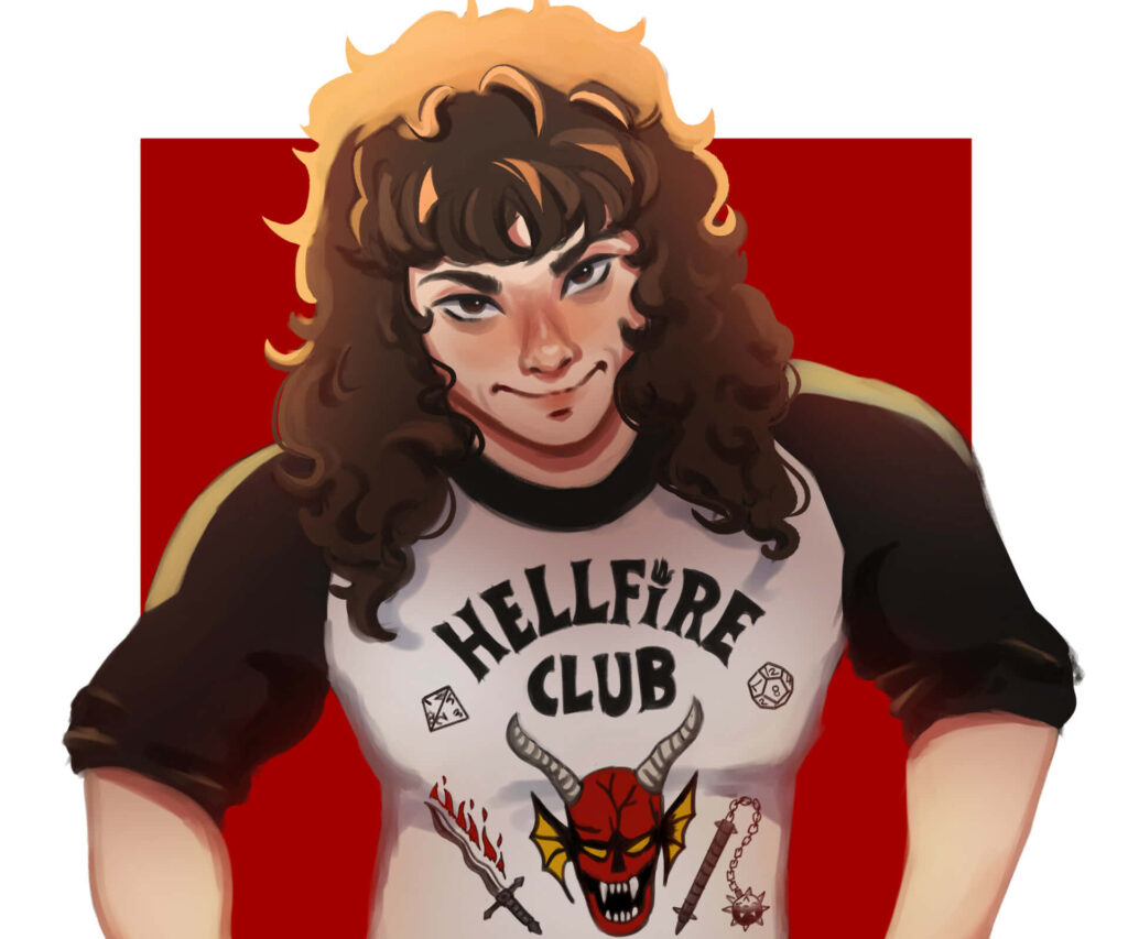 Eddie Munson Stranger Things wallpaper red background Hellfire Club shirt digital art vivid