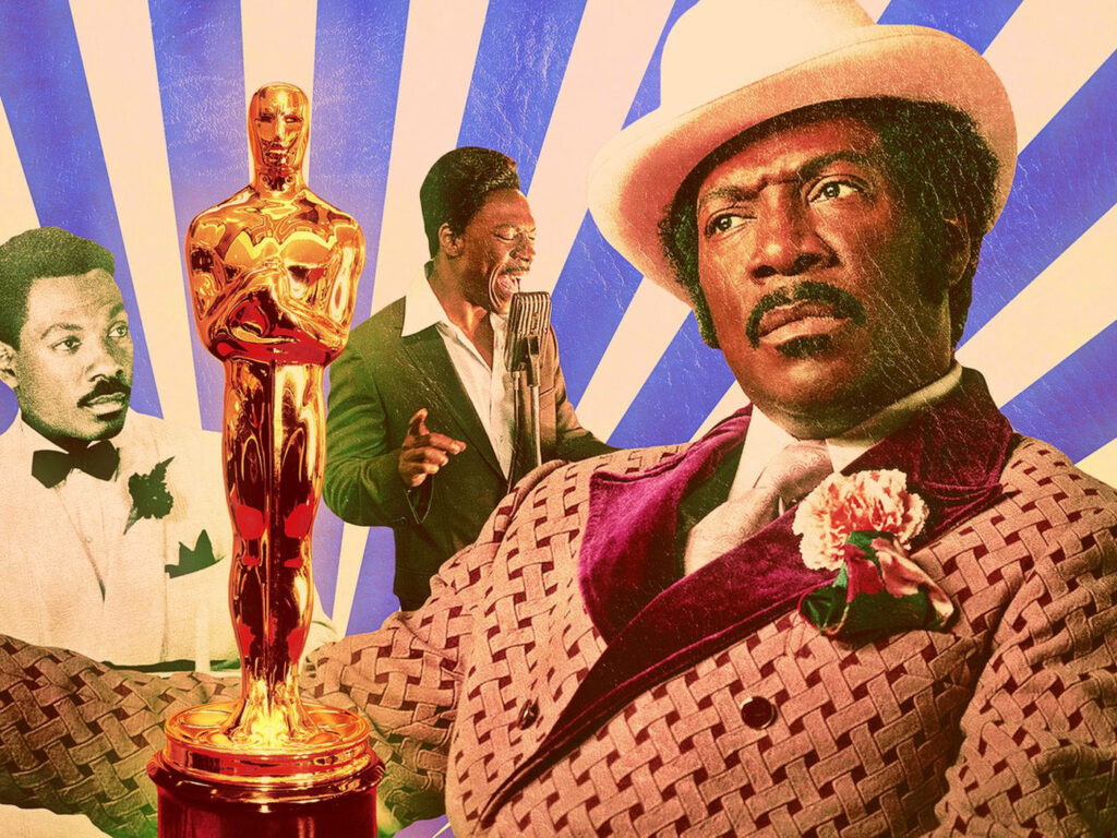Eddie Murphy collage wallpaper with iconic roles golden Oscar retro pop art bold blue rays background