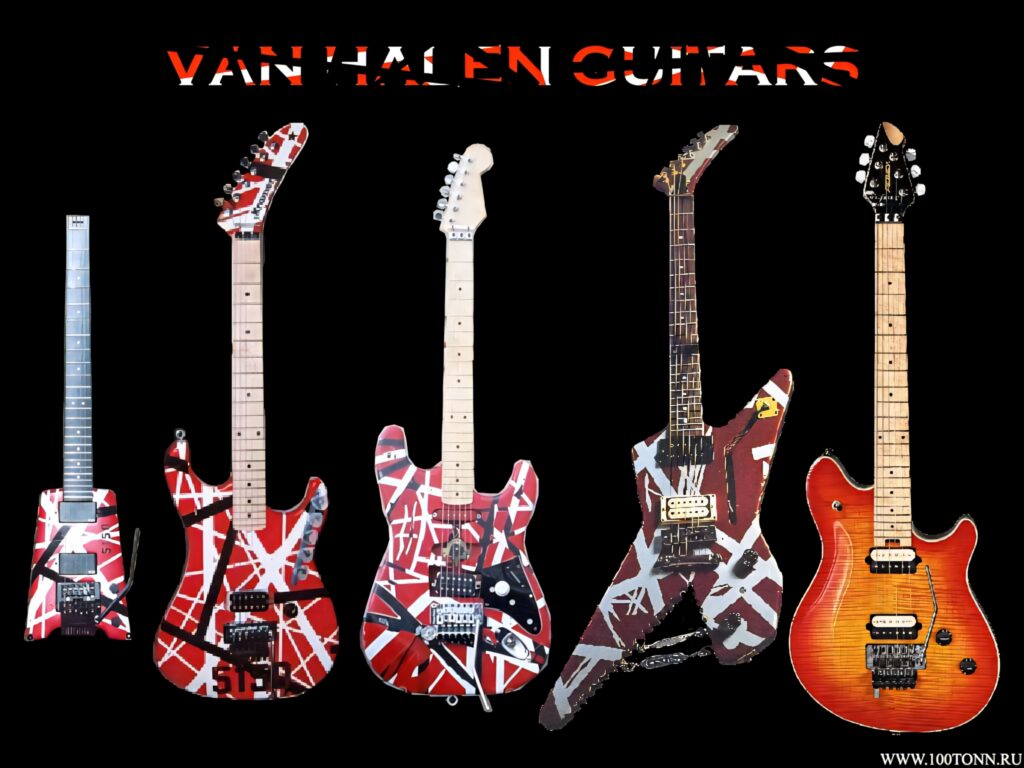 Five iconic Eddie Van Halen guitars with bold red white black stripes on black background wallpaper