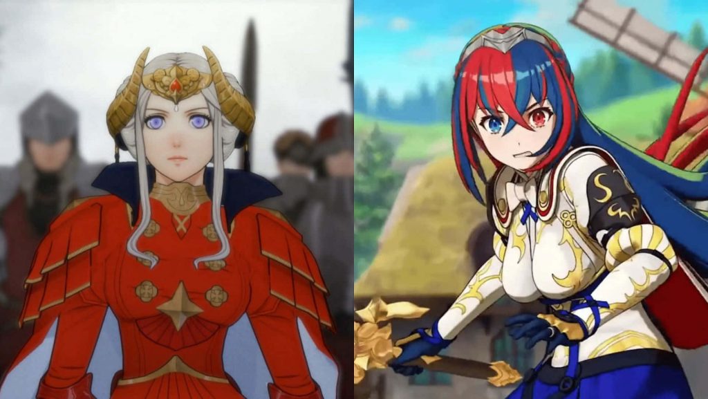 Vibrant anime wallpaper featuring Edelgard in red armor and female Alear with red blue hair