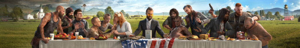Far Cry 5 Characters in Last Supper Scene: Fanatic Cult in Rural America with Montana Background. Wallpaper
