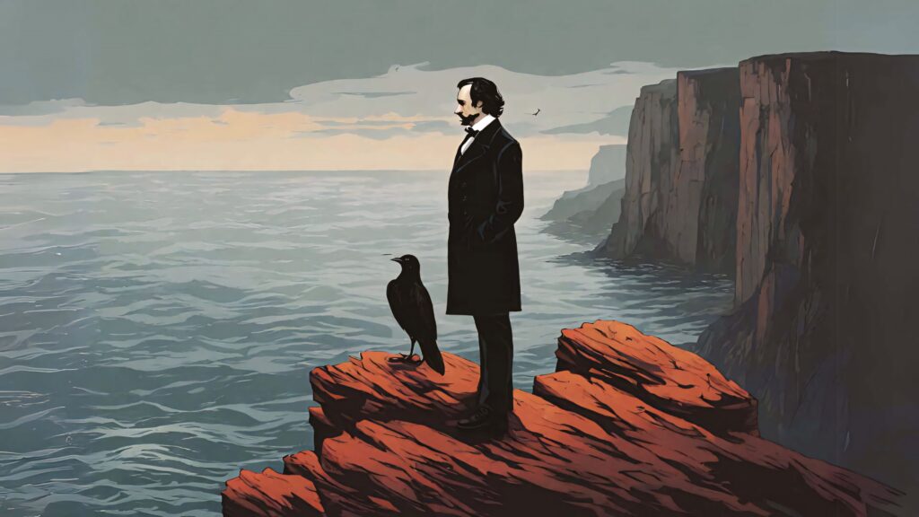 Edgar Allan Poe on cliff with black raven overlooking ocean sunset gothic mystery wallpaper background