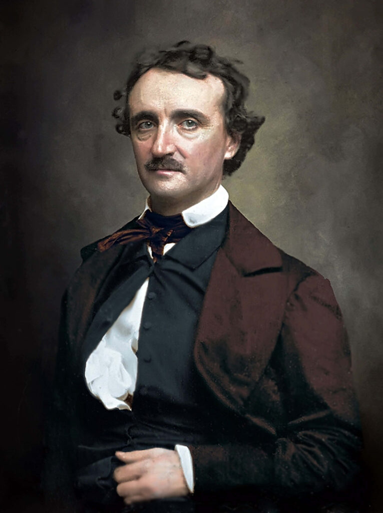 Edgar Allan Poe portrait wallpaper gothic style Victorian attire dark moody background realism