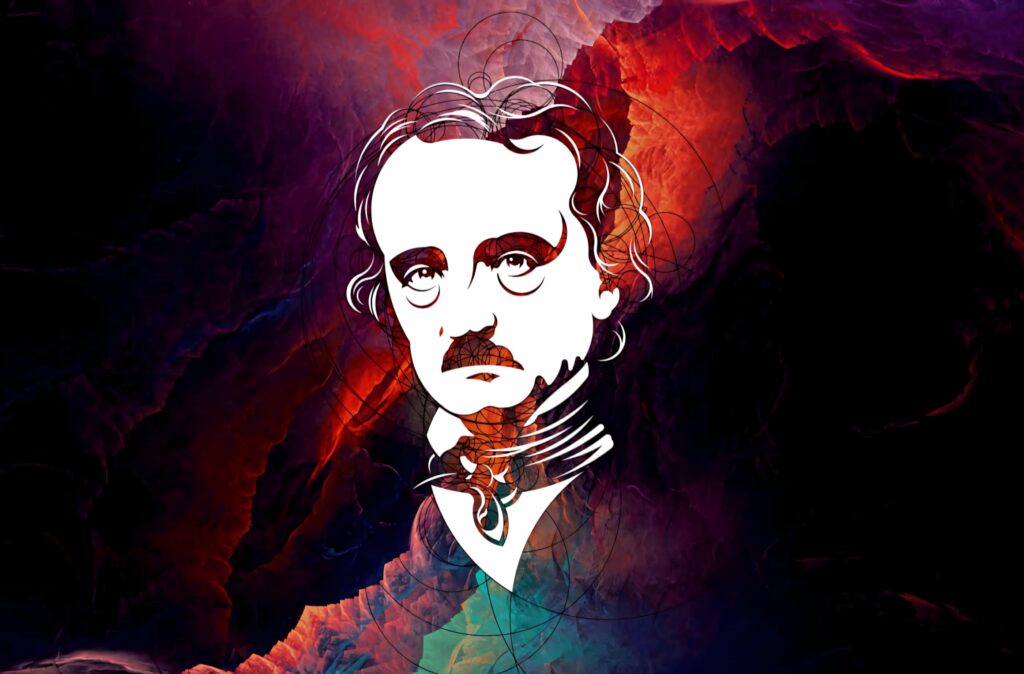 Minimalist white silhouette of Edgar Allan Poe on vivid abstract red purple blue wallpaper background