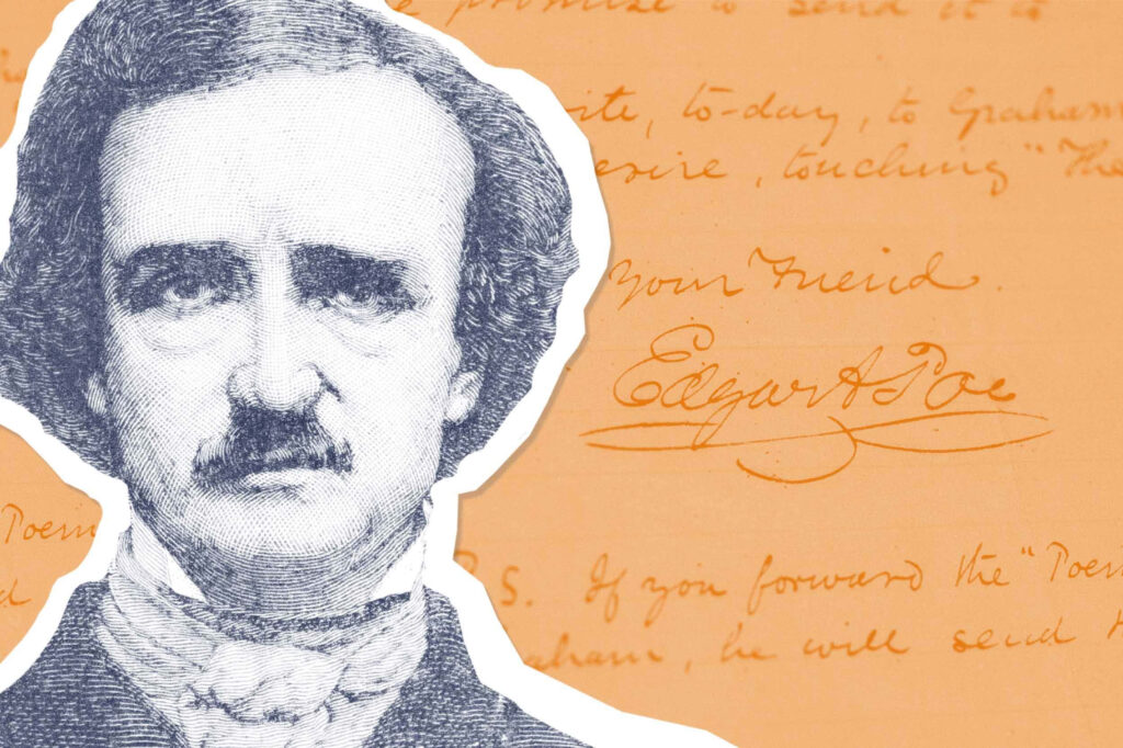 Edgar Allan Poe portrait sketch on warm parchment with handwritten script and signature wallpaper