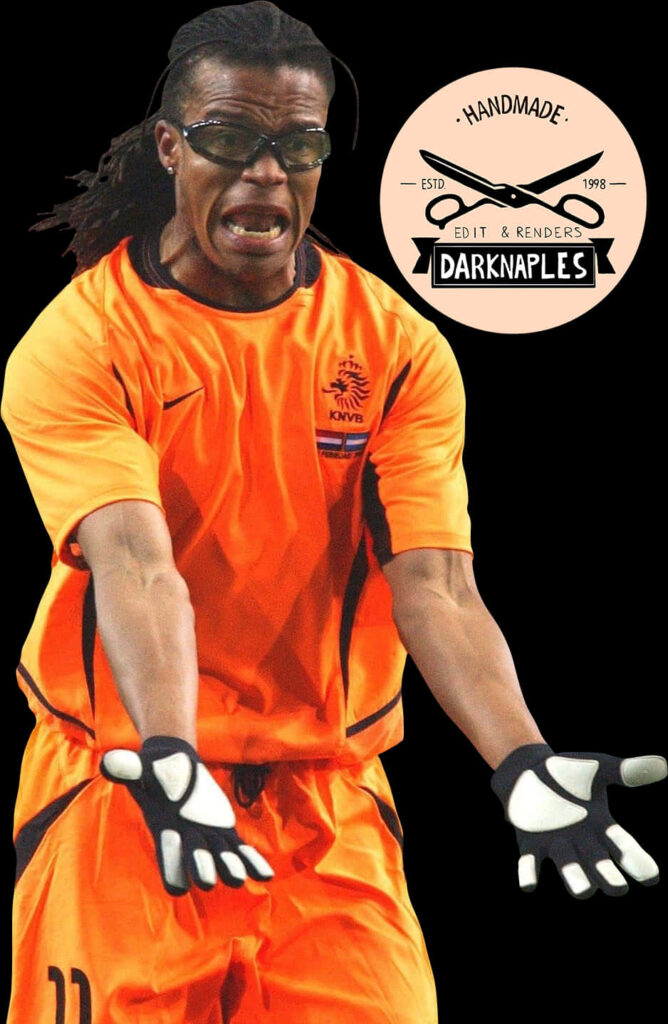 Edgar Davids Netherlands football kit action pose vibrant wallpaper with sporty branding badge