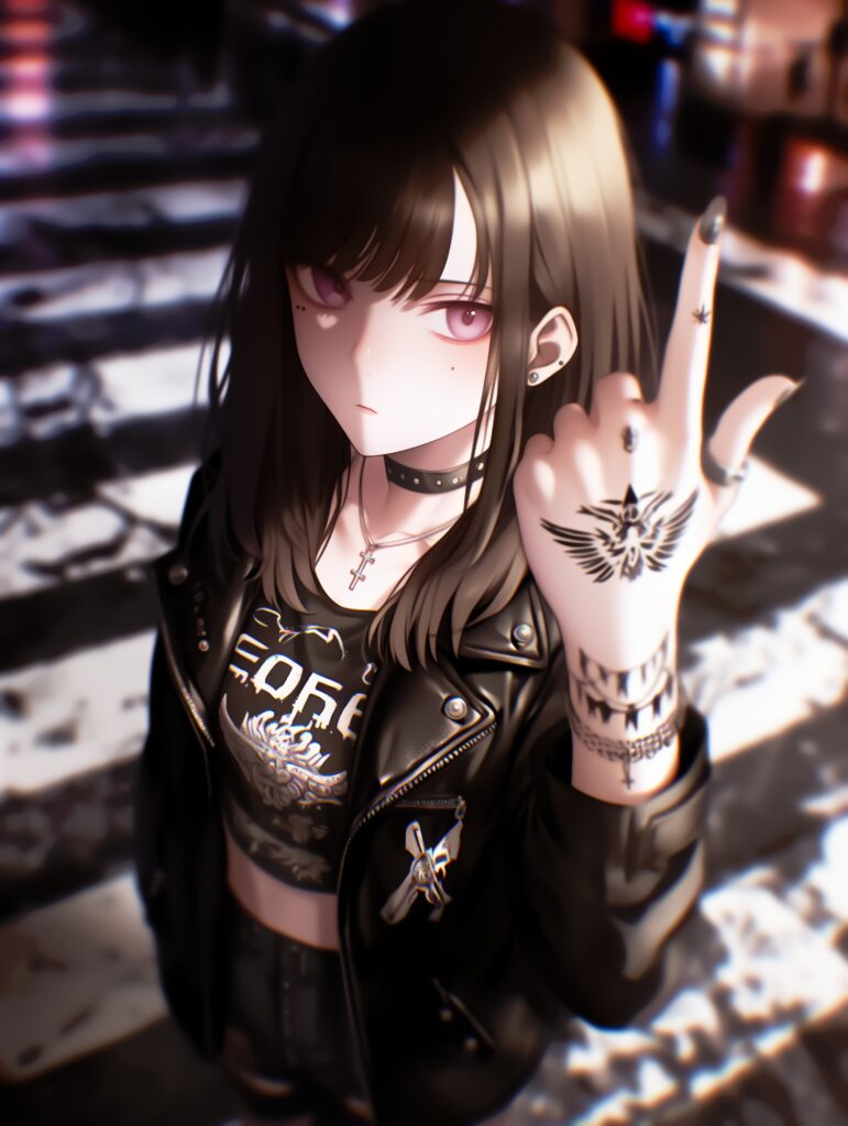 Edgy Rocker Anime Girl Wallpaper with Tattoos & Leather Jacket