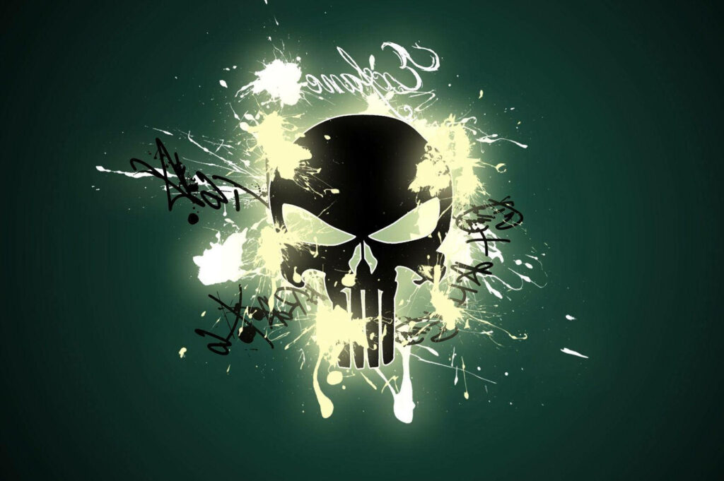Edgy Black Skull Wallpaper with Green, White Splashes & Graffiti