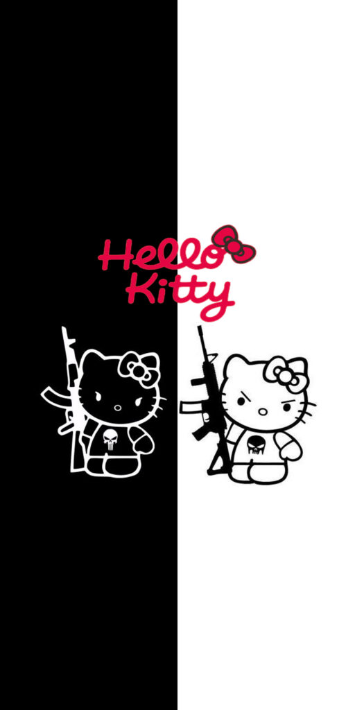 Edgy Hello Kitty Wallpaper: Black & White Split Design with Rifles