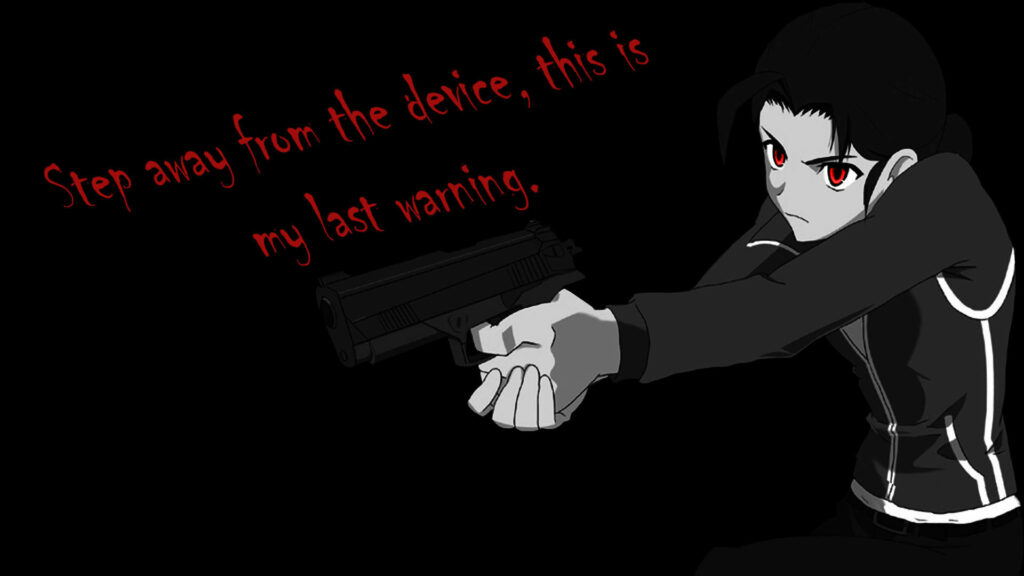 Edgy Dark Wallpaper: Character with Intense Warning Text