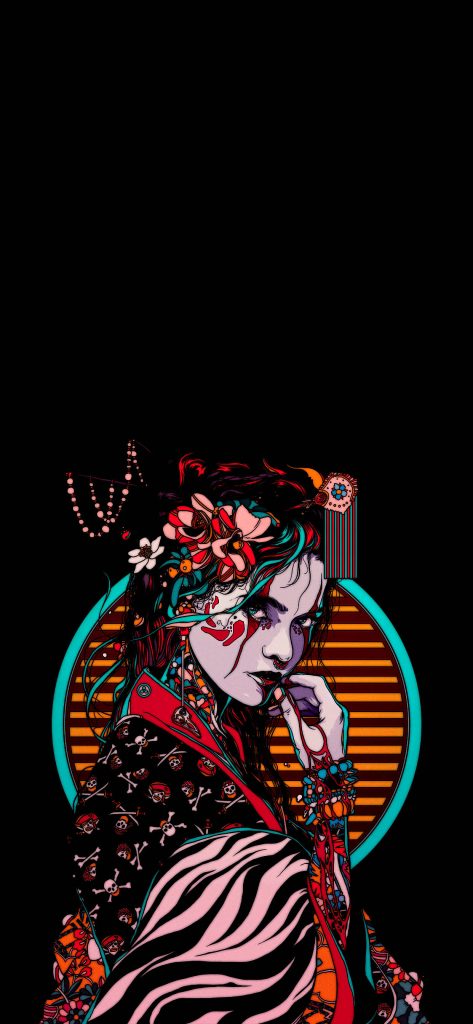 Edgy Geisha vaporwave portrait with skull kimono and retro orange sun background wallpaper