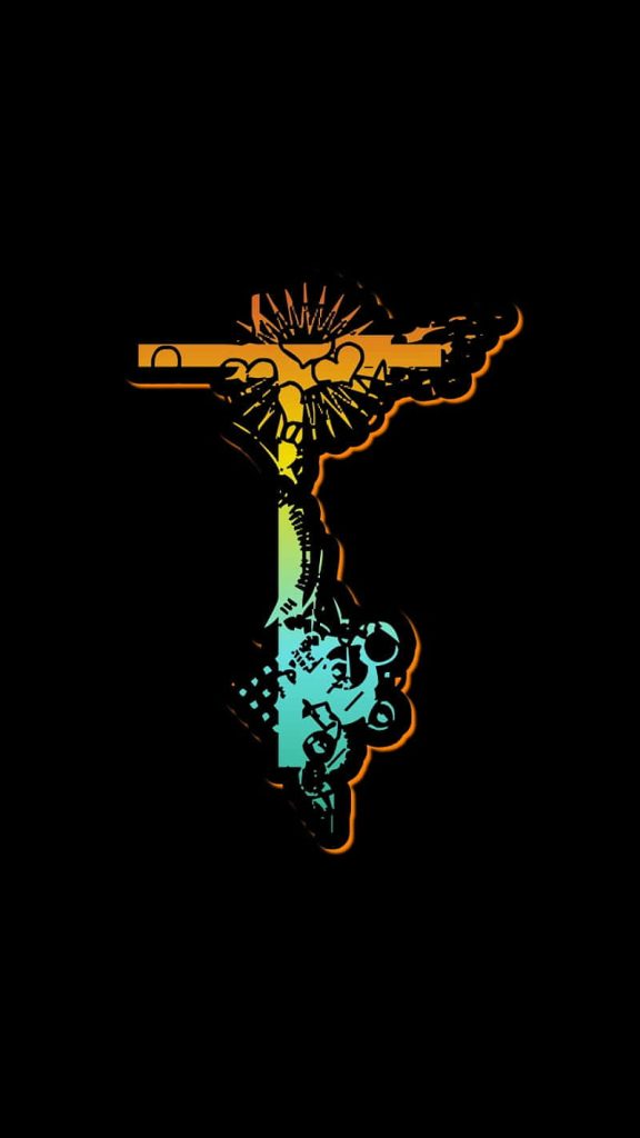 Edgy Letter T wallpaper with yellow to cyan gradient, heart sunburst, and motorcycle design on black background