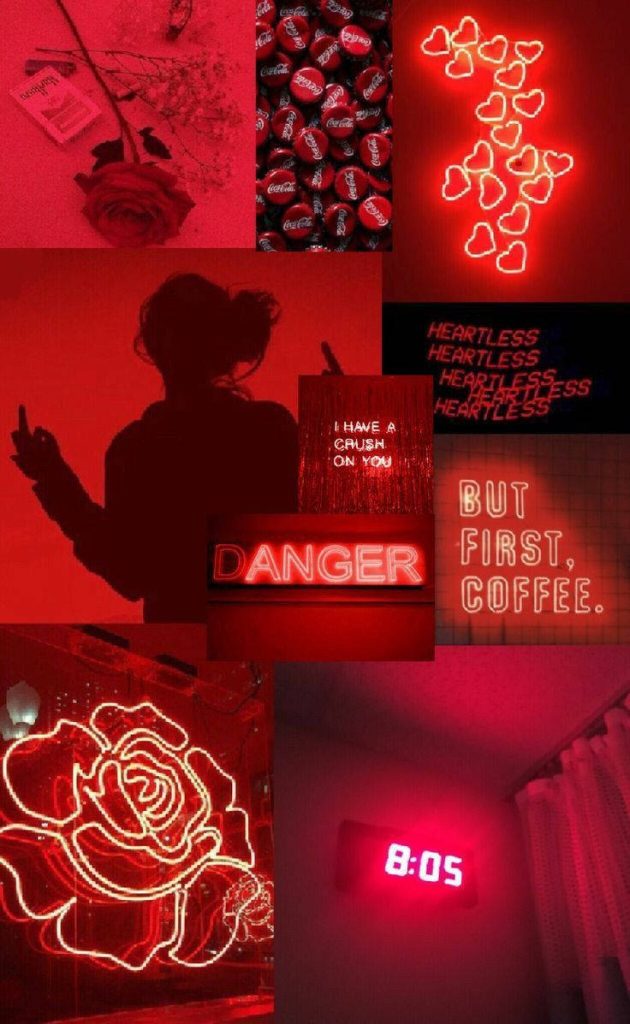 Edgy neon red E-girl collage wallpaper with silhouette, glowing rose heart, Coca-Cola caps, text overlays