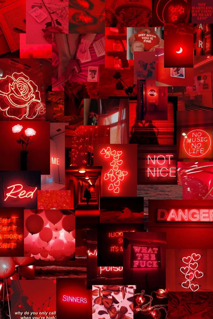Edgy red neon collage wallpaper with roses silhouettes and slogans for dark aesthetic background