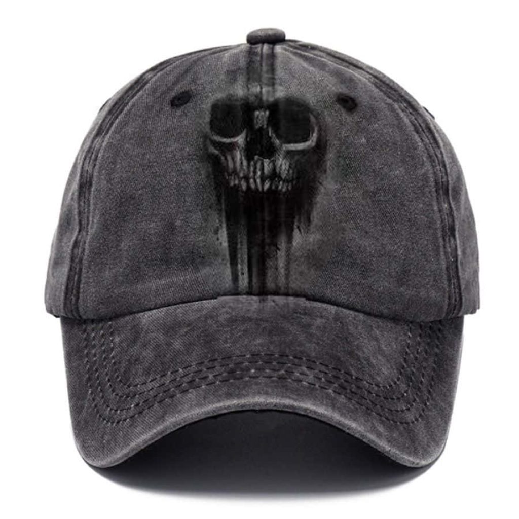 Washed black denim baseball cap with gritty melting skull graphic edgy grunge streetwear style Wallpaper