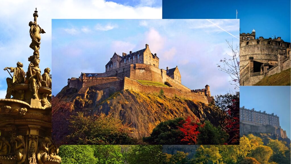 Edinburgh Castle on rocky hill with autumn trees historic stonework clear blue sky wallpaper