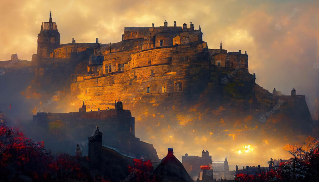 Edinburgh Castle glowing in golden light above foggy city with red foliage and dramatic clouds Wallpaper