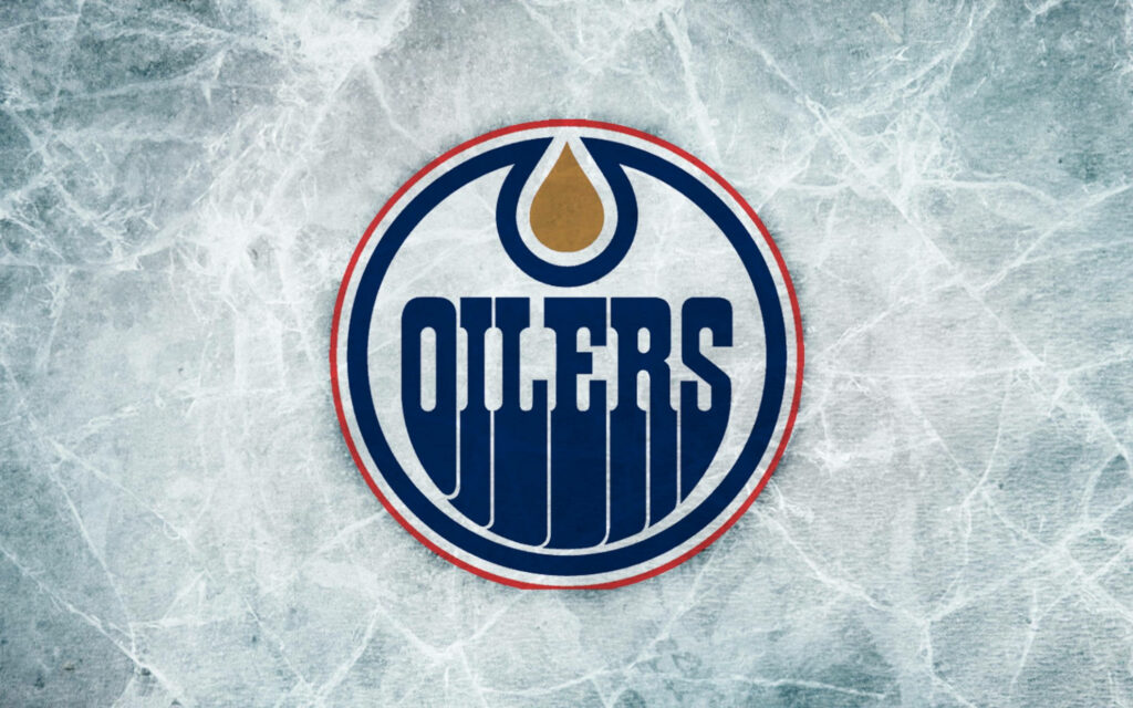 Edmonton Oilers logo on textured ice background with blue orange and white hockey wallpaper