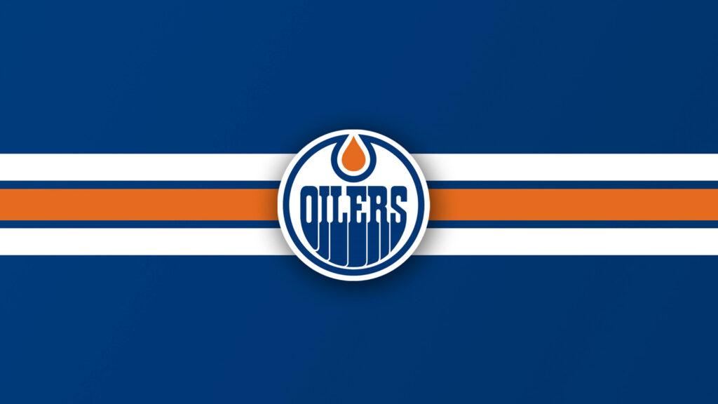 Edmonton Oilers NHL logo on blue background with white and orange stripes minimal art wallpaper