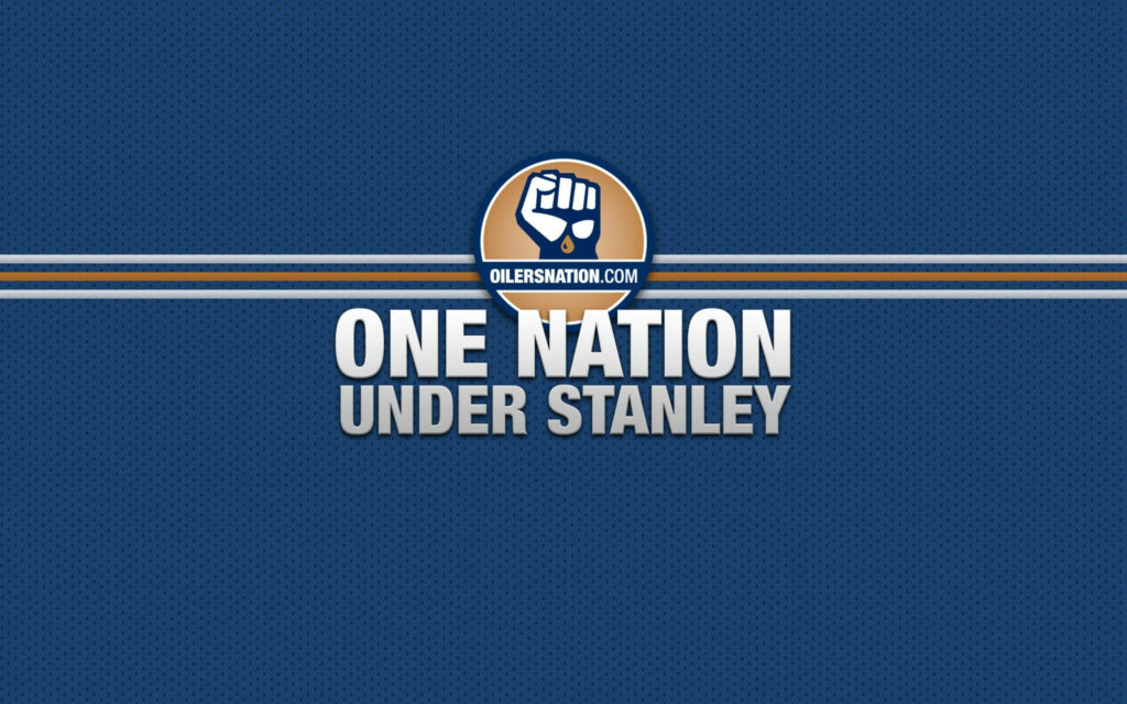 Edmonton Oilers One Nation wallpaper with textured blue background and Stanley Cup message